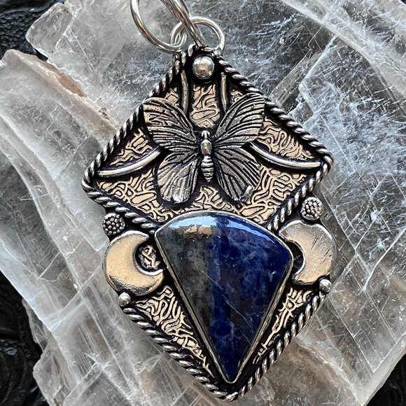 Butterfly Crescent Moon and Sodalite in Lapis Lazuli Sodalite Pendant - Picture 1 of 9